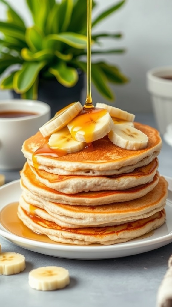 A stack of healthy banana oatmeal pancakes with banana slices and maple syrup.